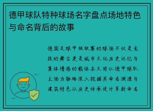 德甲球队特种球场名字盘点场地特色与命名背后的故事