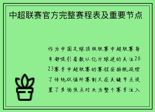 中超联赛官方完整赛程表及重要节点